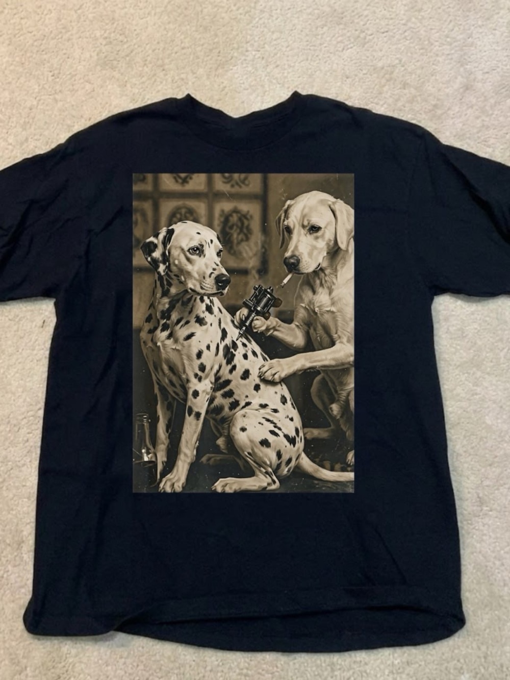 Gildan Black Short Sleeve Tee with Sepia Dog Tattoo Artwork